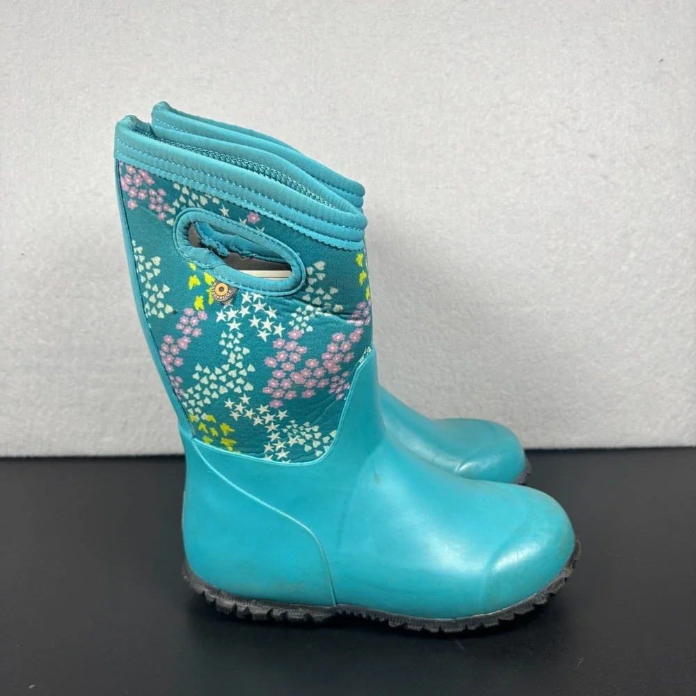 Bogs York Star Heart Waterproof Boots Teal Blue Youth Size 1 Kids Snow Rain
